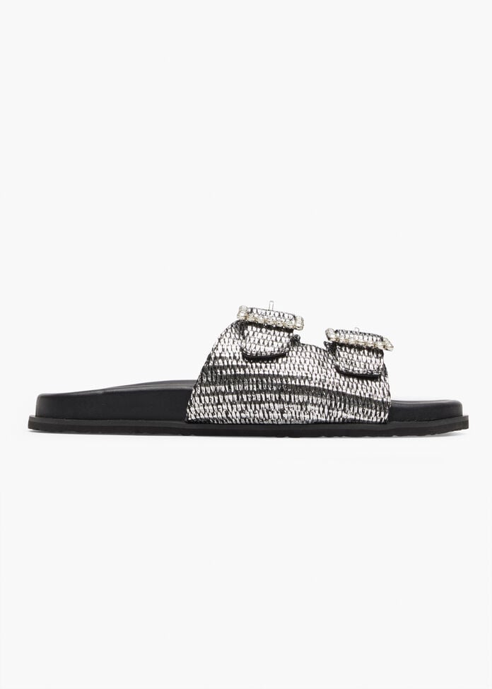 Raffia Slide Sandal, BLACK, hi-res