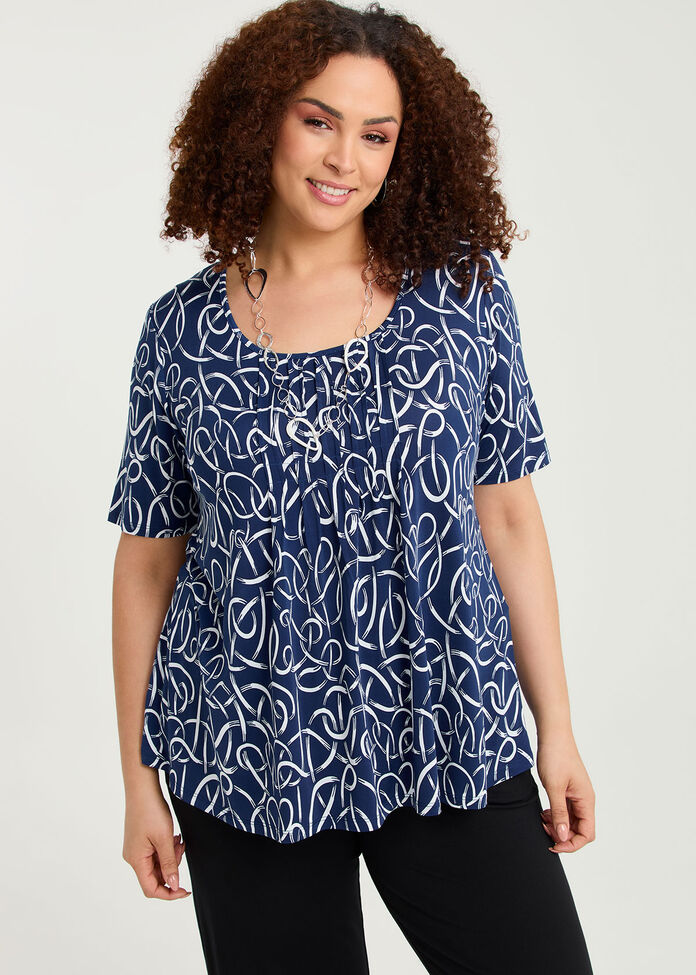 Printed Pintuck Top, , hi-res