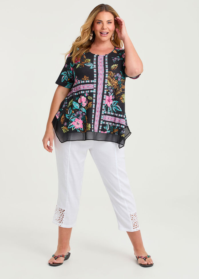 Lace Hem Stretch Linen Crop Pant, , hi-res