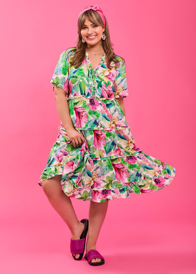 Plus Size Natural Resort Palm Frill Dress