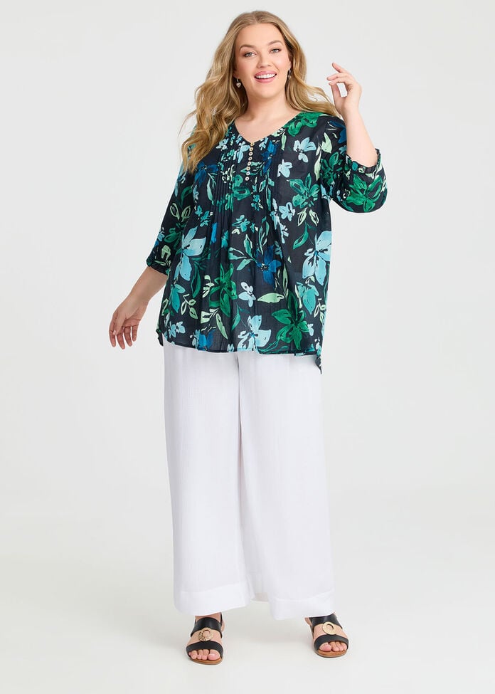 Cotton Summer Floral Pintuck Top, , hi-res