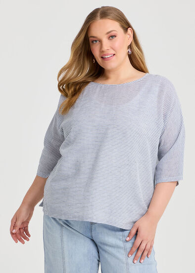 Plus Size Natural Relaxed Fine Stripe Top