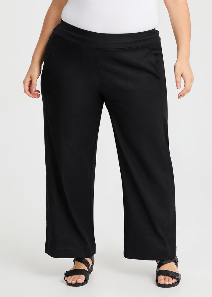 Petite Stretch Linen Bea Wide Pant, BLACK, hi-res