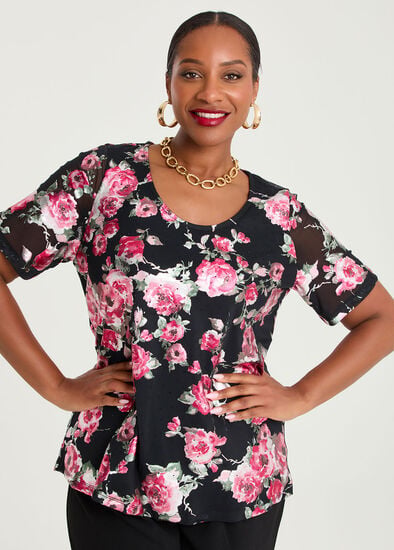 Plus Size Foil Floral Mesh Top