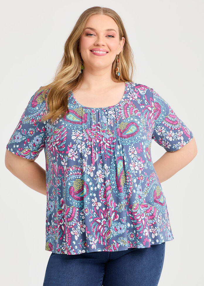 Printed Pintuck Top, , hi-res