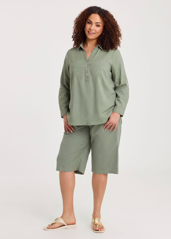 Cotton Linen Collared Top, , hi-res