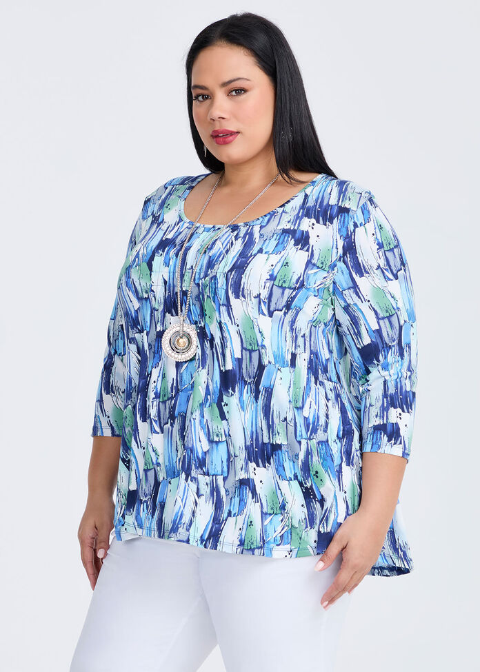 Printed Pintuck 3/4 Sleeve Top, , hi-res