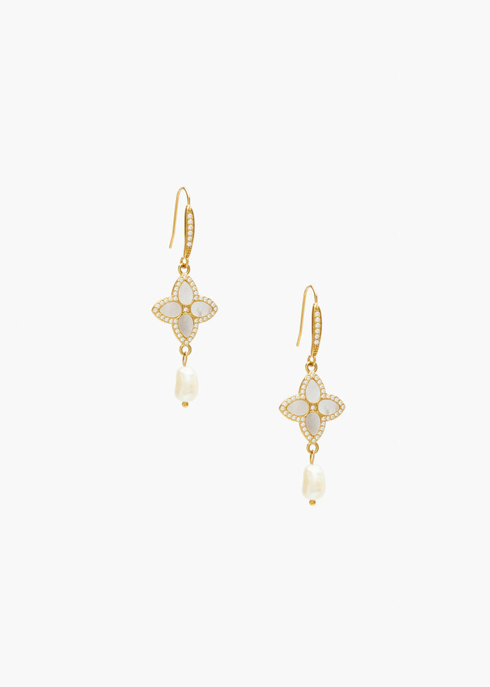 Gold Clover Pearl Earrings, , hi-res