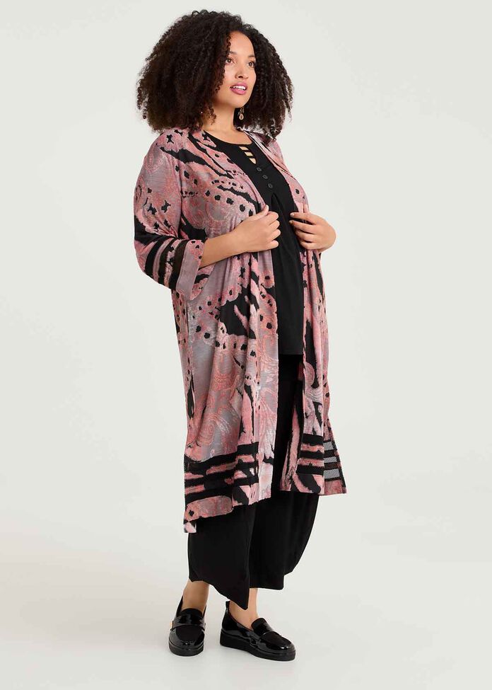 Mesh Trim Burnout Long Cardigan, , hi-res