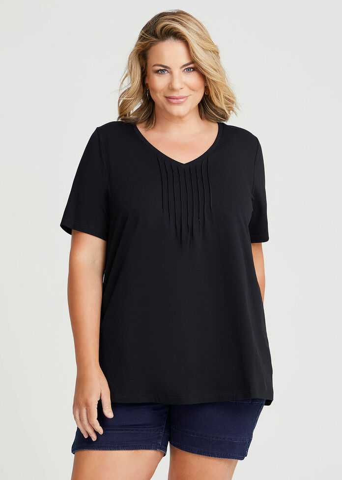 Shop Plus Size Cotton Pintuck Short Sleeve Top in Black | Sizes 12-30 ...
