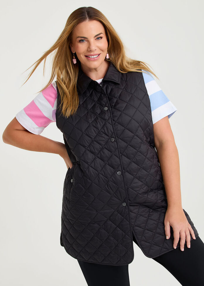 Quilted Collared Vest, , hi-res