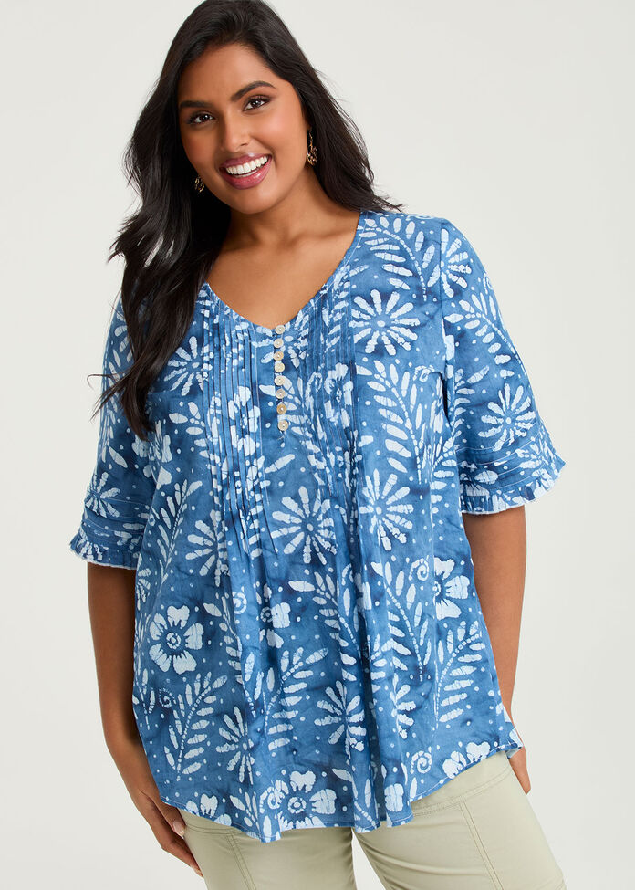 Cotton Elbow Sleeve Pintuck Top, , hi-res