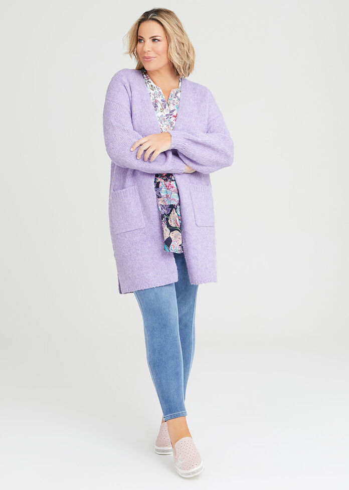 Shop Plus Size Balloon Sleeve Pocket Cardigan in Purple Sizes 1230
