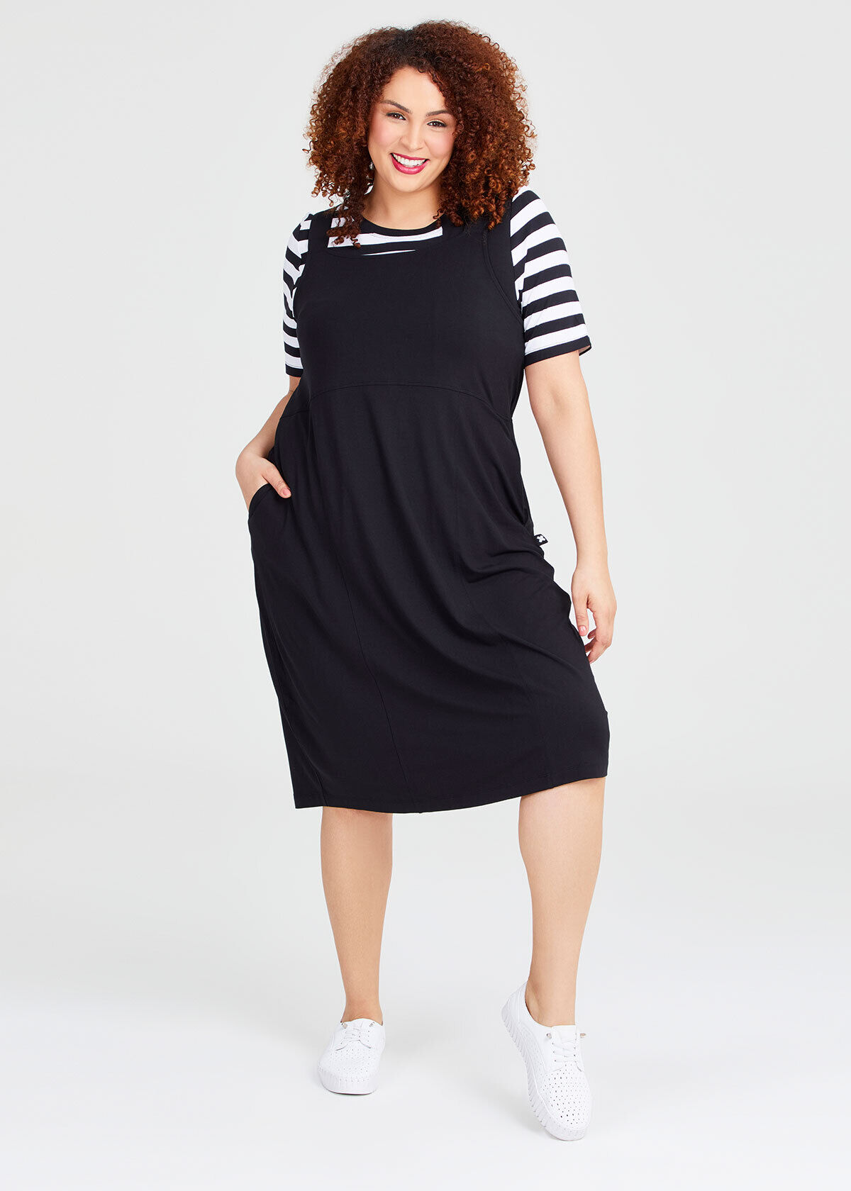 Shop Plus Size Natural Summer Pinafore Dress in Black Taking Shape AU
