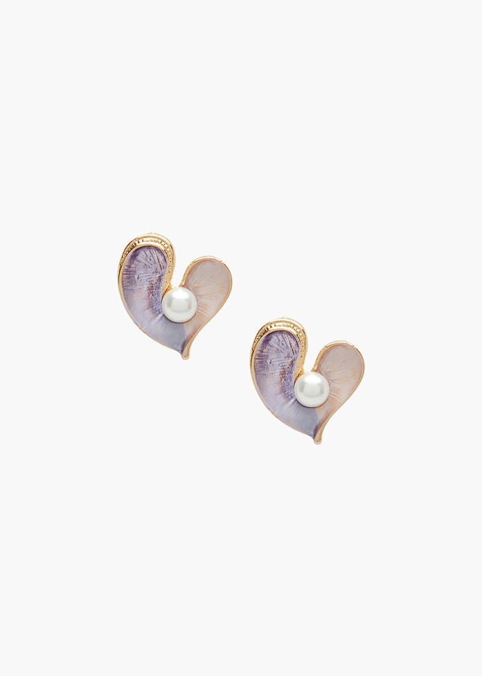 Pearl Heart Enamel Earrings, , hi-res