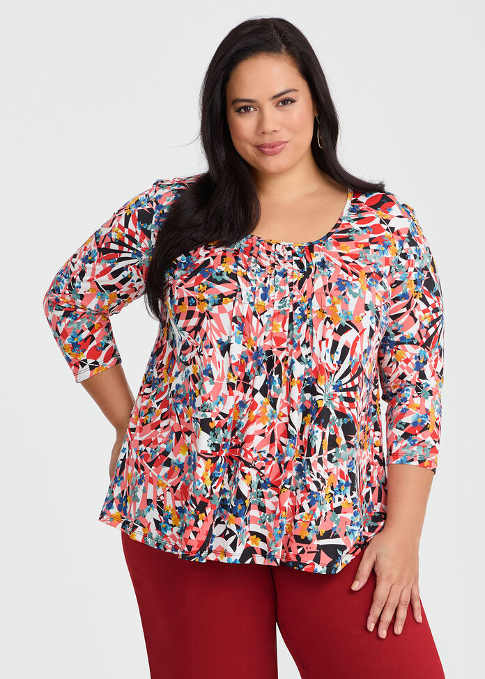 Printed Pintuck 3/4 Sleeve Top, , hi-res