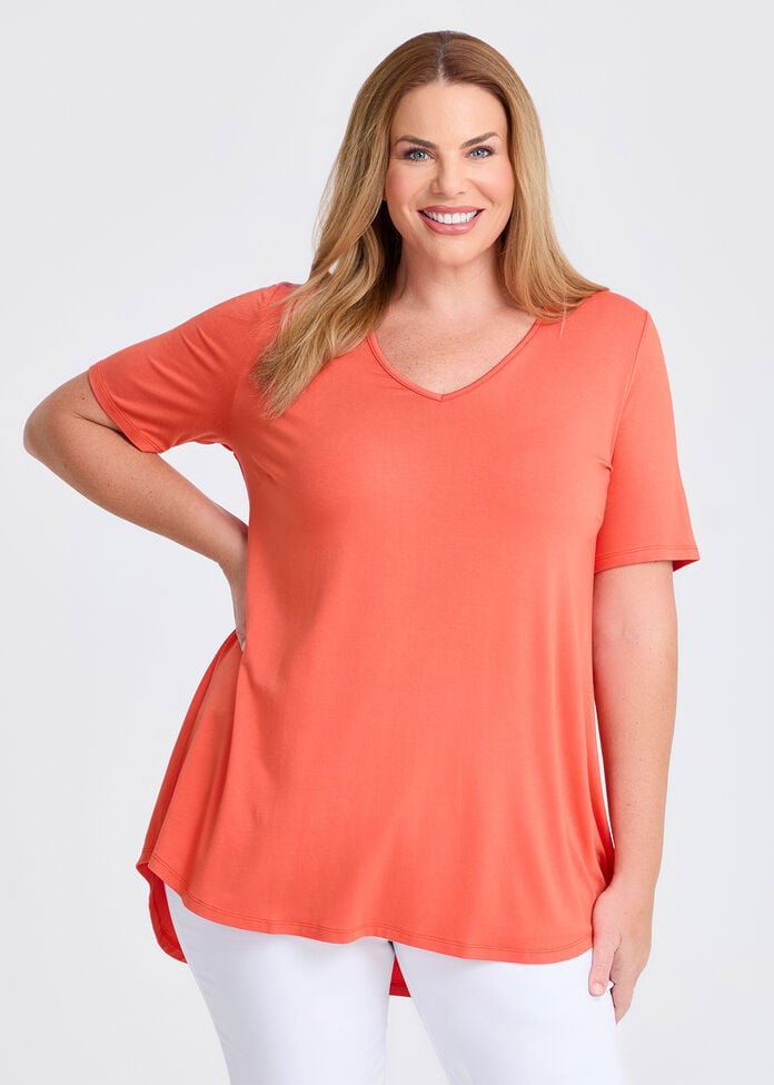  Bamboo Base V Neck Short Sleeve Top, TIGERLILY ORANGE, hi-res