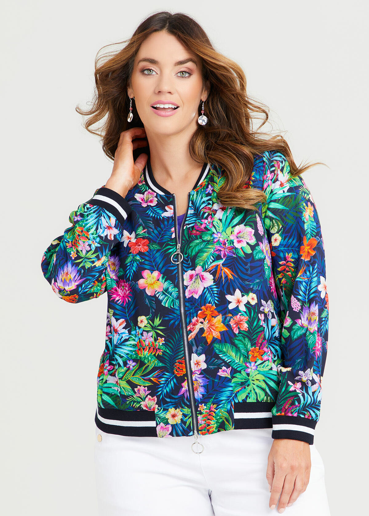 Shop Plus Size Natural Floral Bomber Jacket in Multi Taking Shape AU