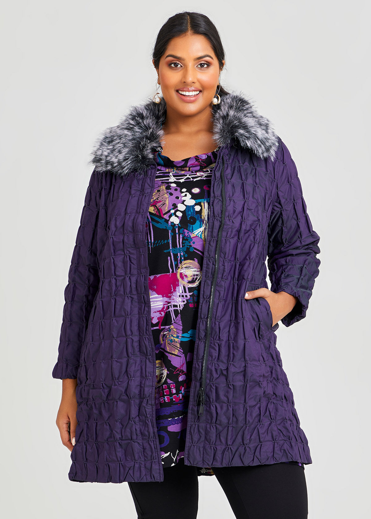 Shop Plus Size Fur Collar Taffeta Puffy Coat in Purple Taking Shape NZ