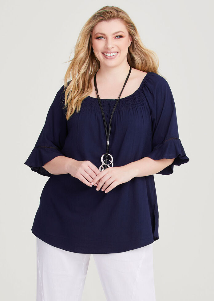 Shop Plus Size Bell Sleeve Natural Shirred Top in Blue | Sizes 12-30 ...