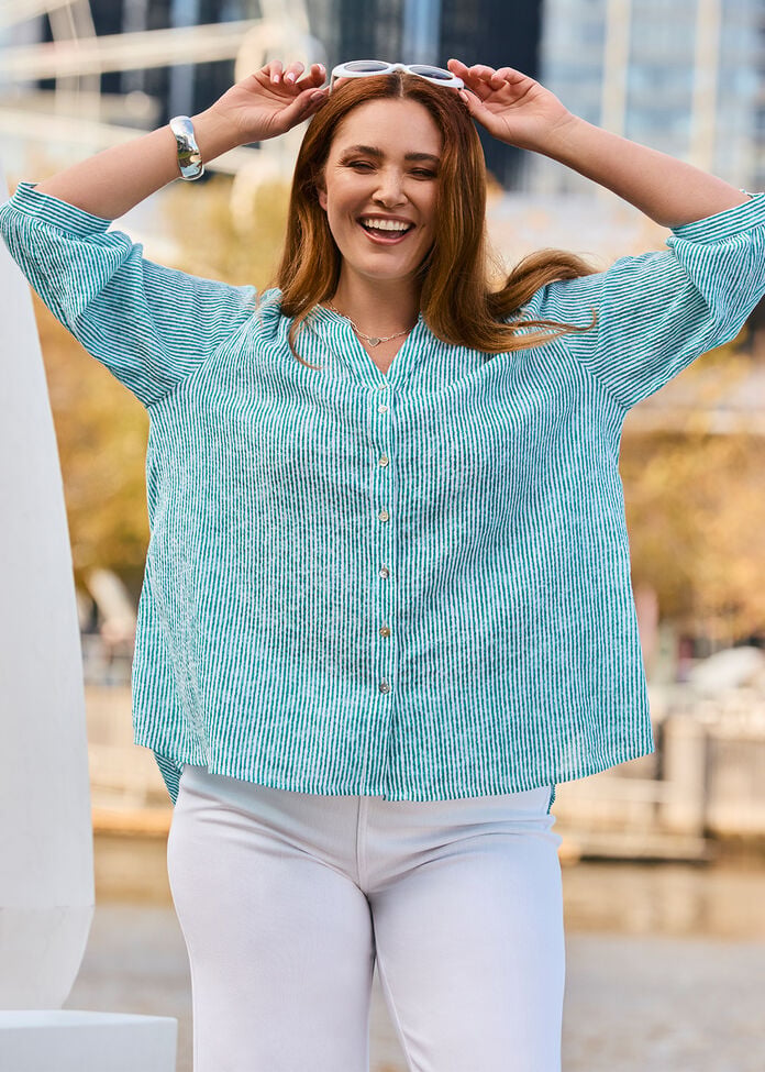 Cotton Stripe Button Top, , hi-res