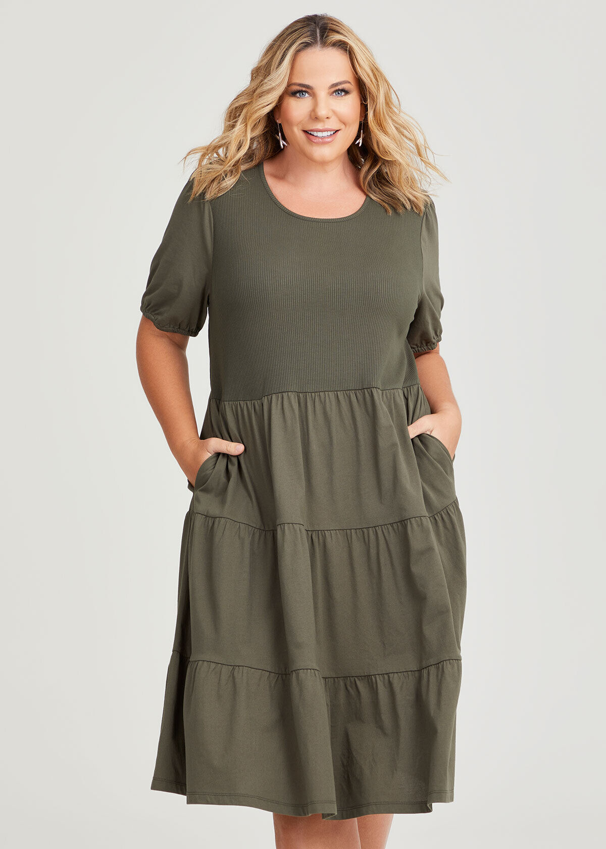Shop Plus Size Cotton Puff Sleeve Tiered Dress in Green Taking