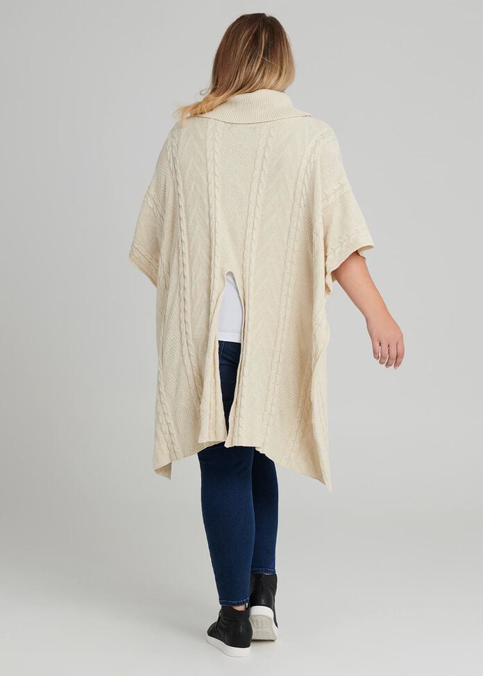 Cable Knit Cowl Neck Poncho, , hi-res