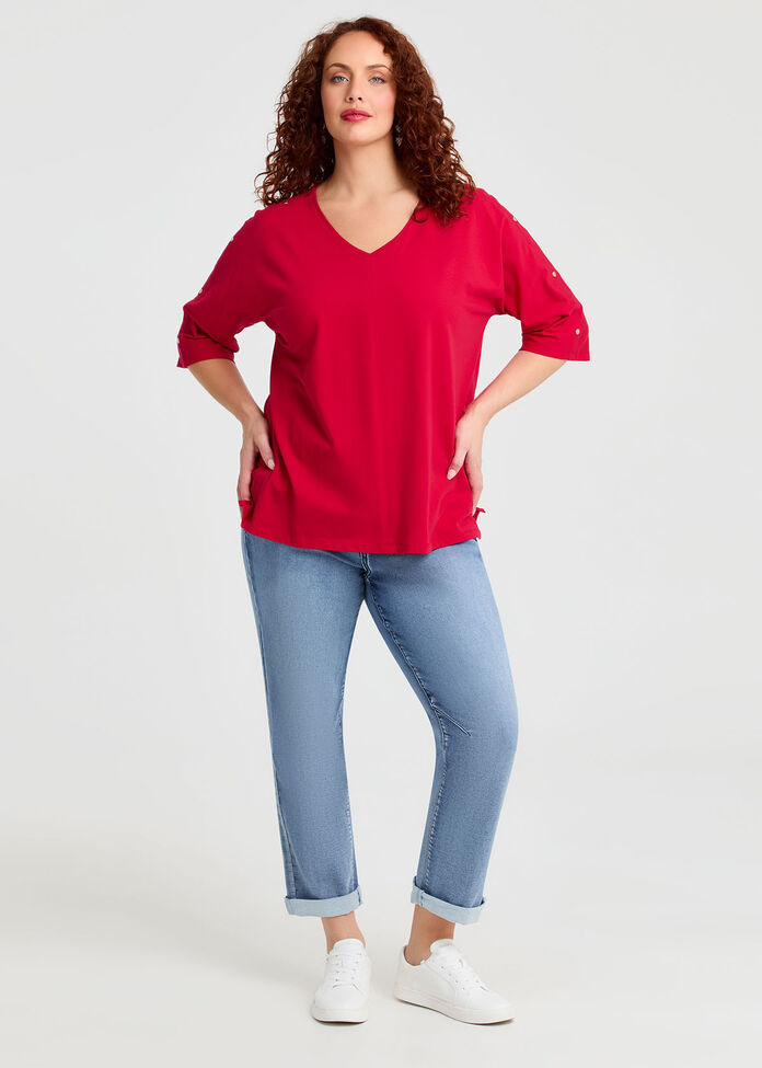 Cotton Button Sleeve T-shirt, , hi-res