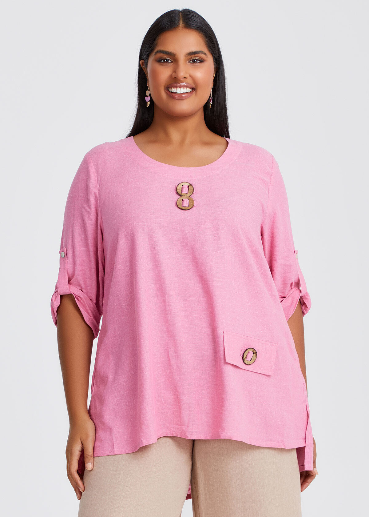Shop Plus Size Buckle Detail Linen Bamboo Tunic, Pink | Taking