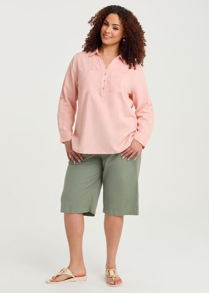 Cotton Linen Collared Top, , hi-res