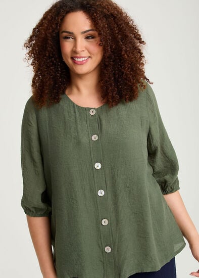 Plus Size Natural Balloon Sleeve Button Top