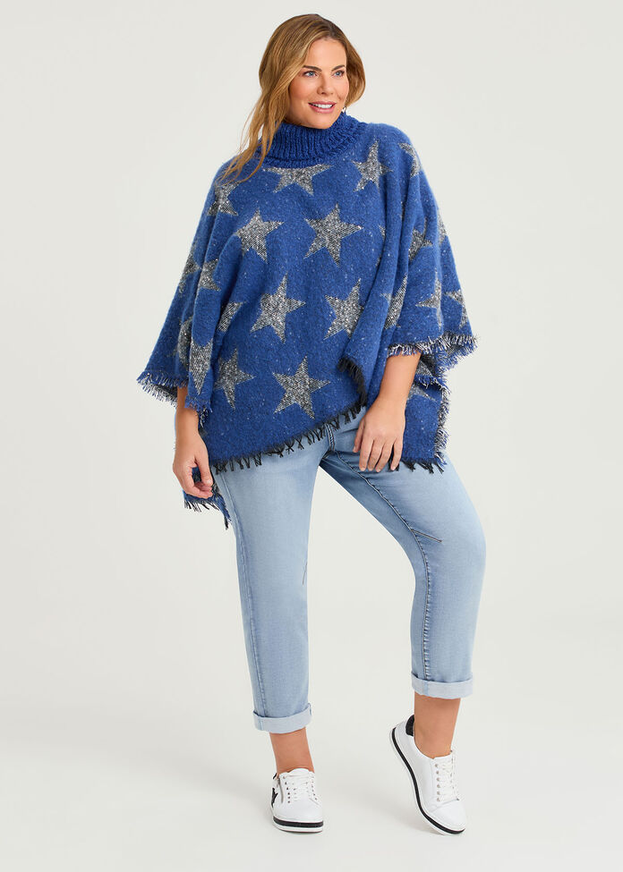 Blue Star Sequin Poncho, BLUE, hi-res