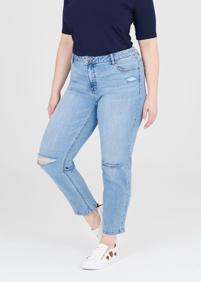 Shop Coolmax Ripped Mom Jeans in Blue in sizes 12 to 24 | Taking Shape