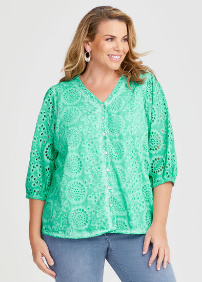 Plus Size Cotton Broderie Button Top