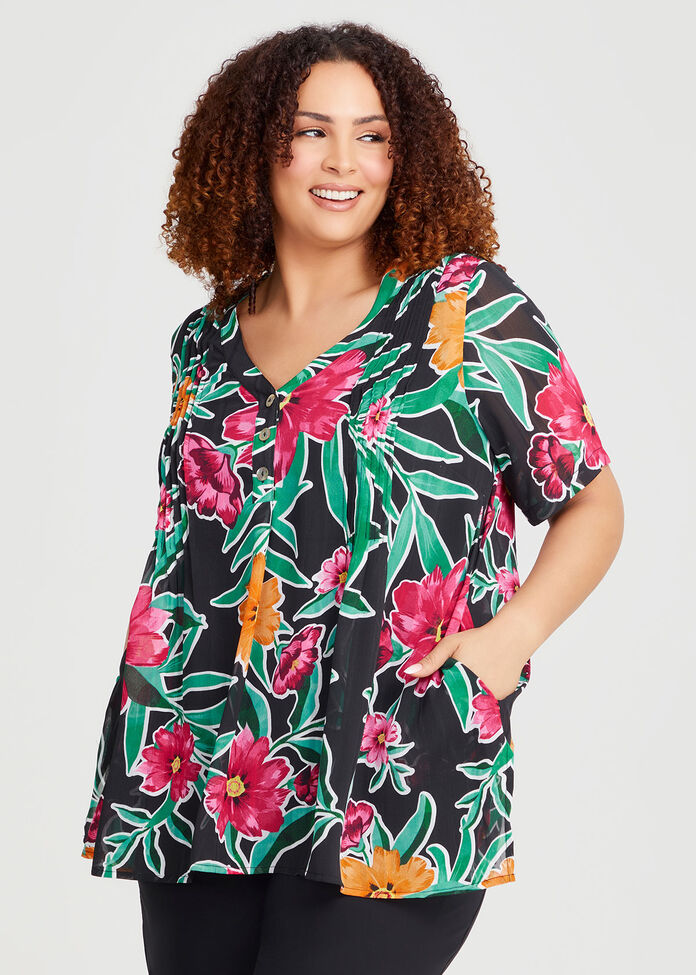 Joy Pintuck Floral Top, BLACK FLORAL PRINT, hi-res