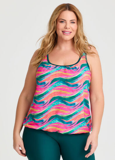 Plus Size Waves Print Blouson Tankini