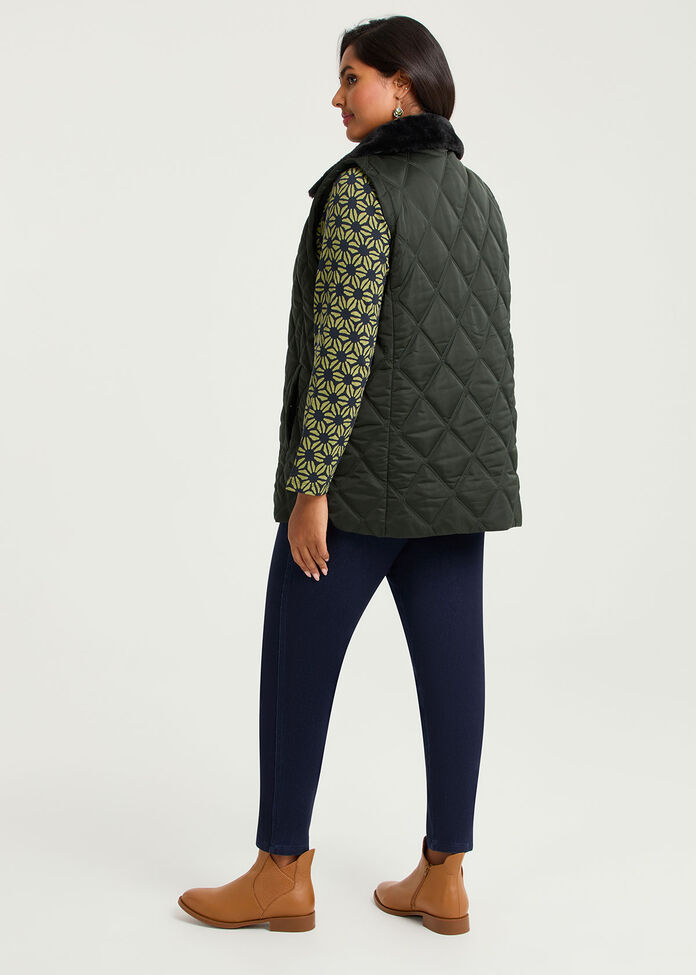 Fur Collar Quilted Vest, , hi-res