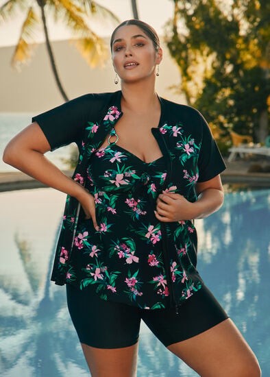 Plus Size Island Tropics Zip Rash Vest