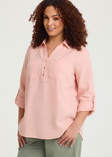 Plus Size Cotton Linen Collared Top
