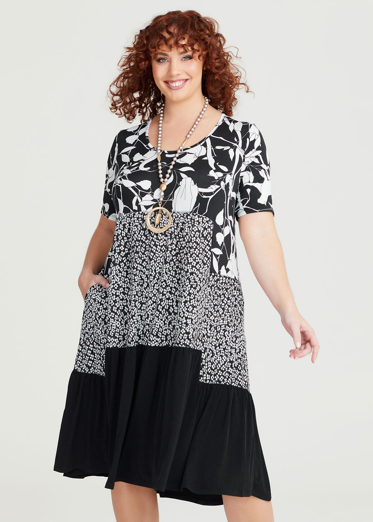 Shop Plus Size Cat Floral Tier Dress in Black Taking Shape AU