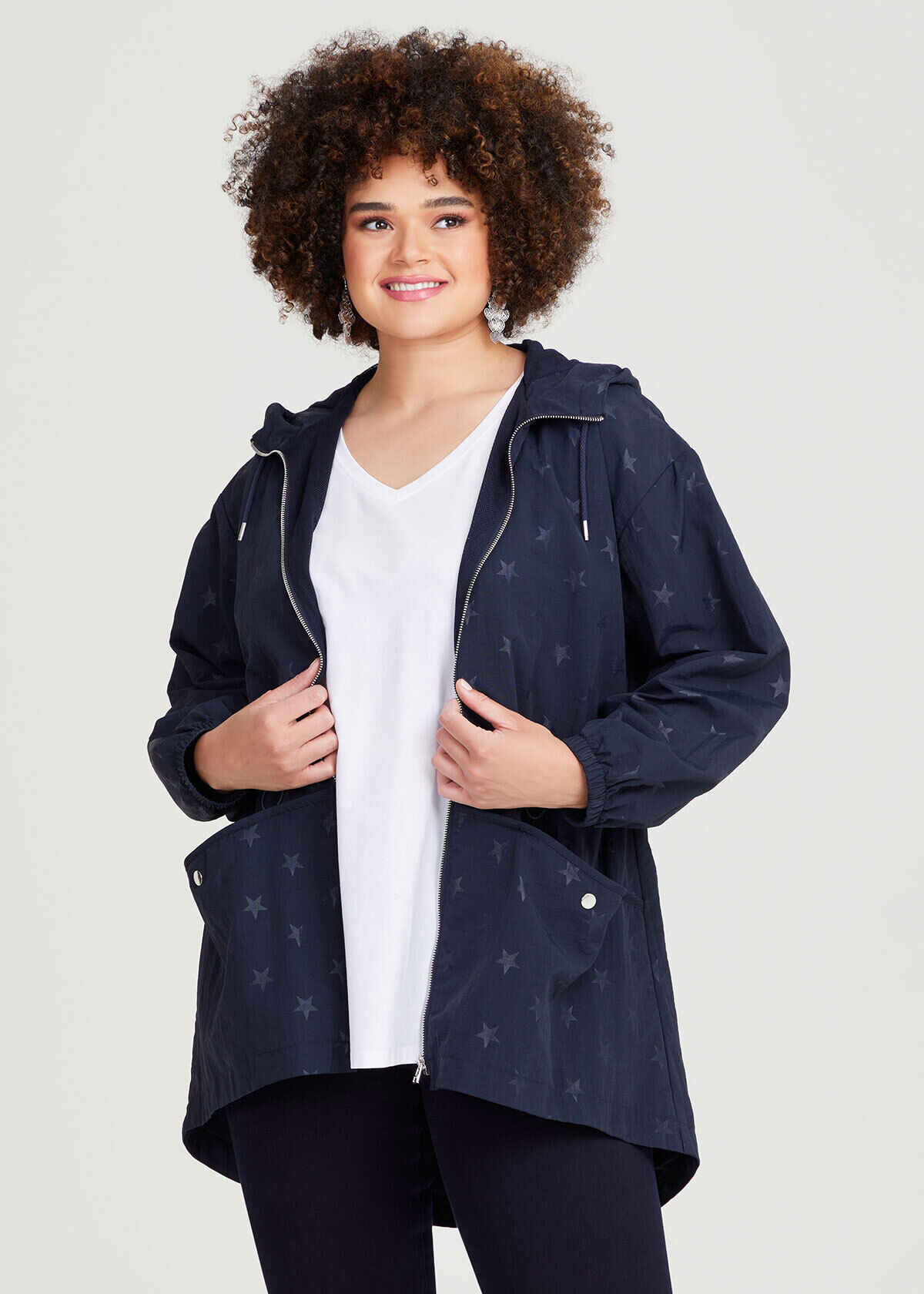 Shop Plus Size Star Print Zip Jacket in Blue Taking Shape AU