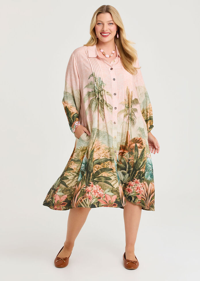 Pintuck Palm Natural Shirt Dress, , hi-res