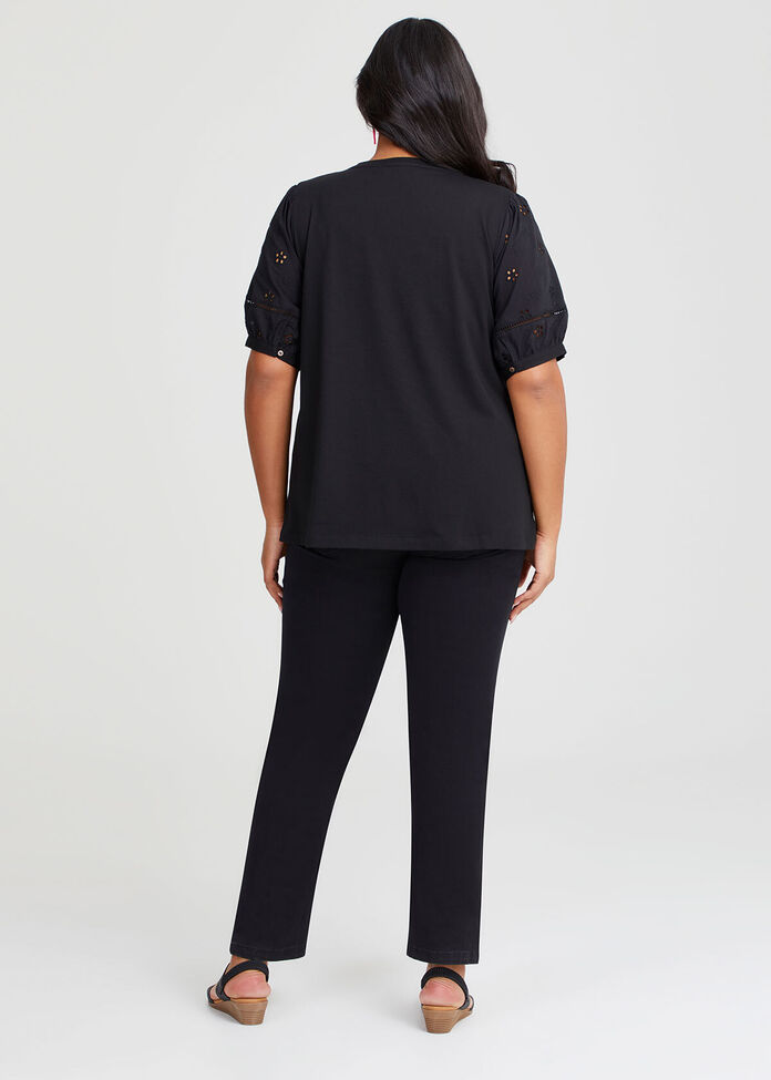 Shop Plus Size Cotton Broderie Puff Sleeve Tshirt in Black Sizes 12