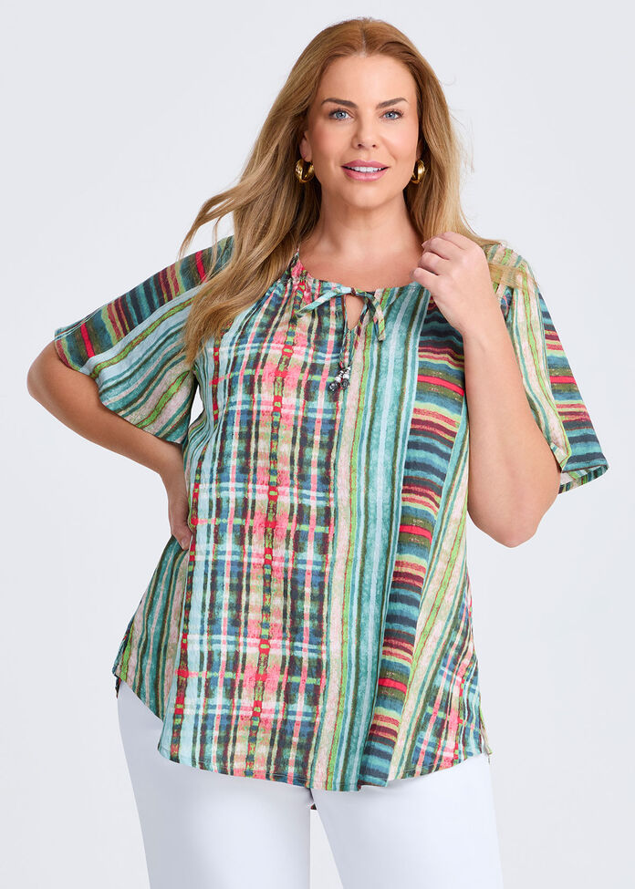 Tie Front Shirring Natural Top, , hi-res