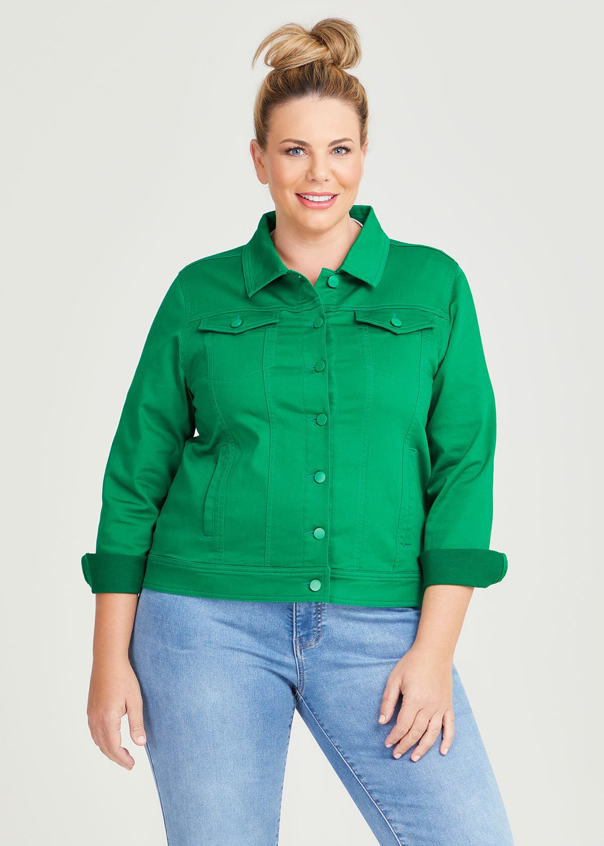 Shop Plus Size Coloured Classic Denim Jacket in Green Taking
