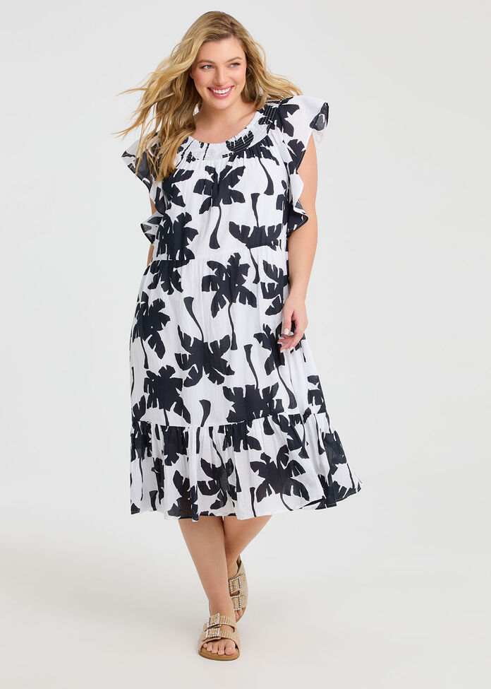 Cotton Palm Print Shirred Dress, , hi-res
