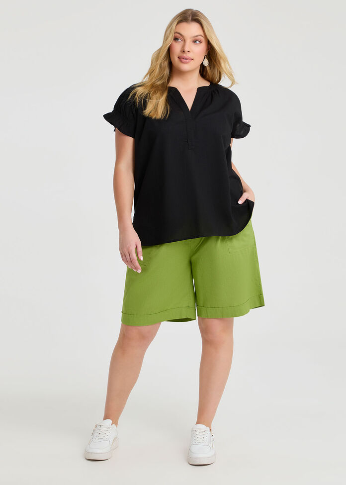 Cotton Linen Notch Neck Top, , hi-res