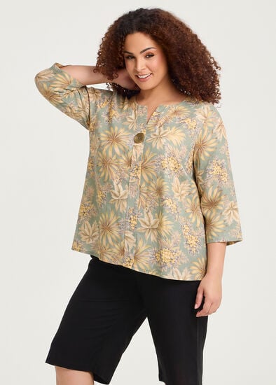 Plus Size Cotton Linen Button Detail Top