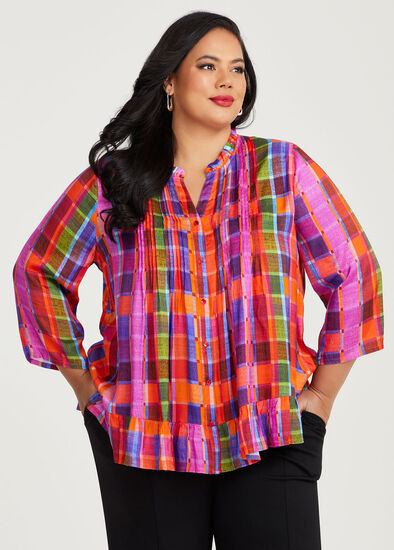 Plus Size Natural Ari Pintuck Check Top