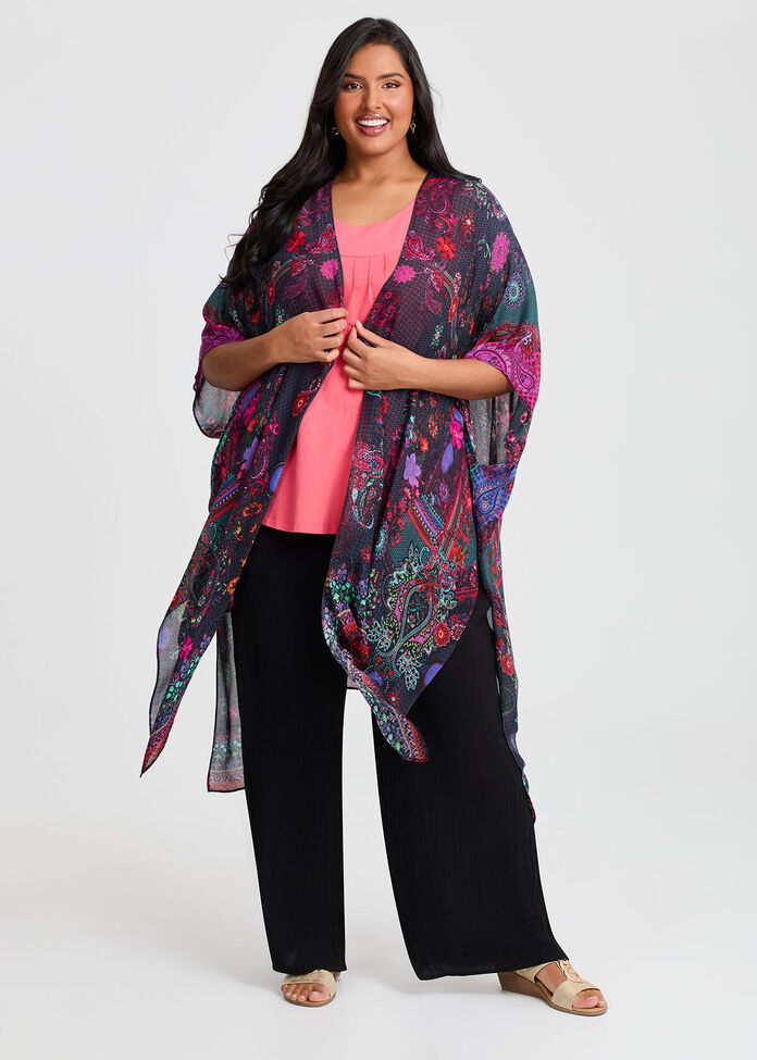 Paisley Print Cape Kimono, , hi-res